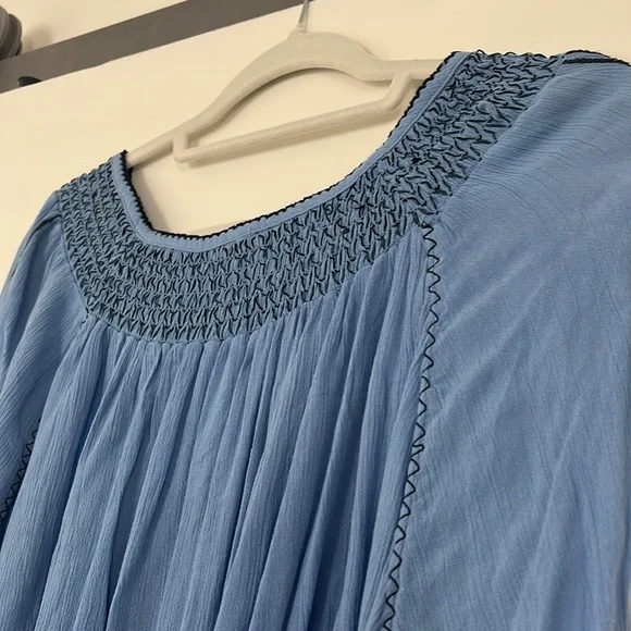 Free People Boho Dress Wind Willow LARGE Blue Stitched Embroidery Long Sleeve - Picture 8 of 11
